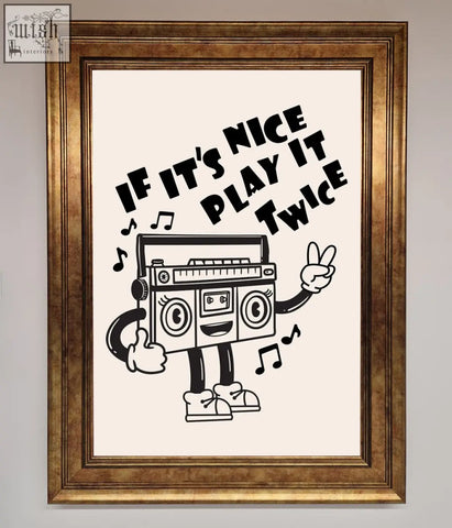 Play twice framed wall art featuring black and white cartoon boombox with peace sign and musical notes in framed wall art style