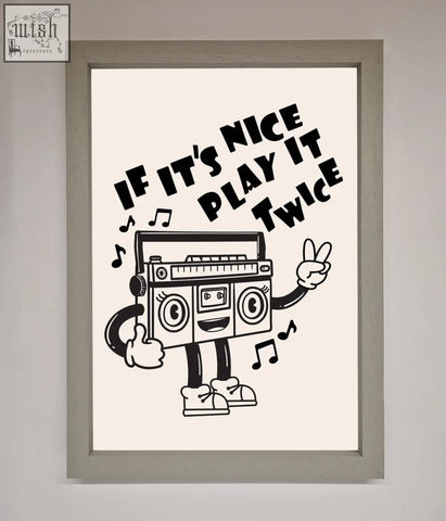 A framed black-and-white cartoon boombox with arms and legs in playful framed wall art for any wall decor