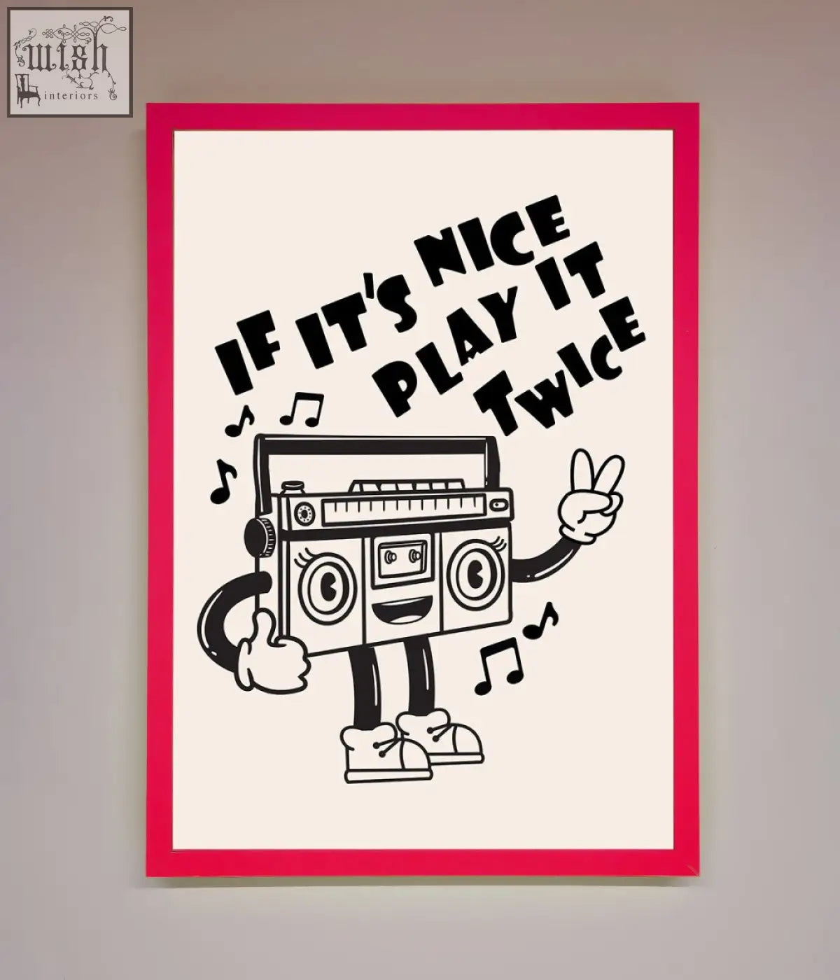 A vibrant red framed wall art featuring black and white cartoon boombox on an off-white background for play twice
