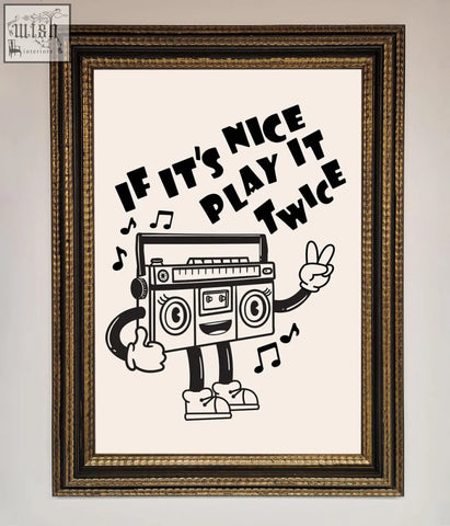 A framed wall art featuring a cheerful black and white cartoon boombox character with arms and shoes