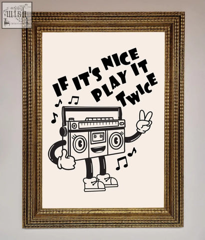 A framed black-and-white cartoon print of a cheerful boombox character in playful framed wall art