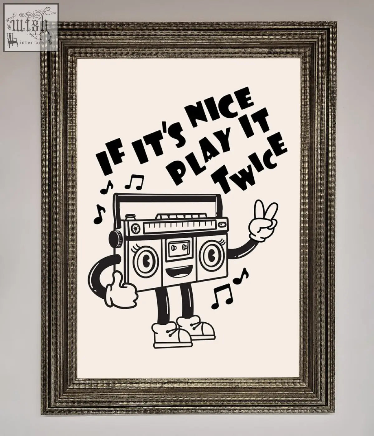 Black and white cartoon boombox with arms and legs in an ornate silver-toned frame framed wall art for cool decor
