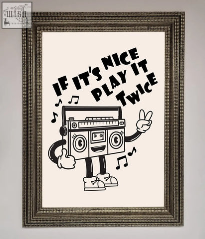 Black and white cartoon boombox with arms and legs in an ornate silver-toned frame framed wall art for cool decor