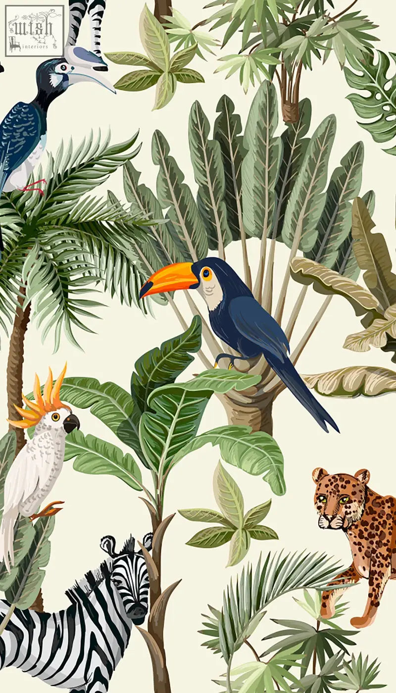 Playful jungle animals traditional paper wallpaper with vibrant green foliage blue toucan and colorful animals for kids room