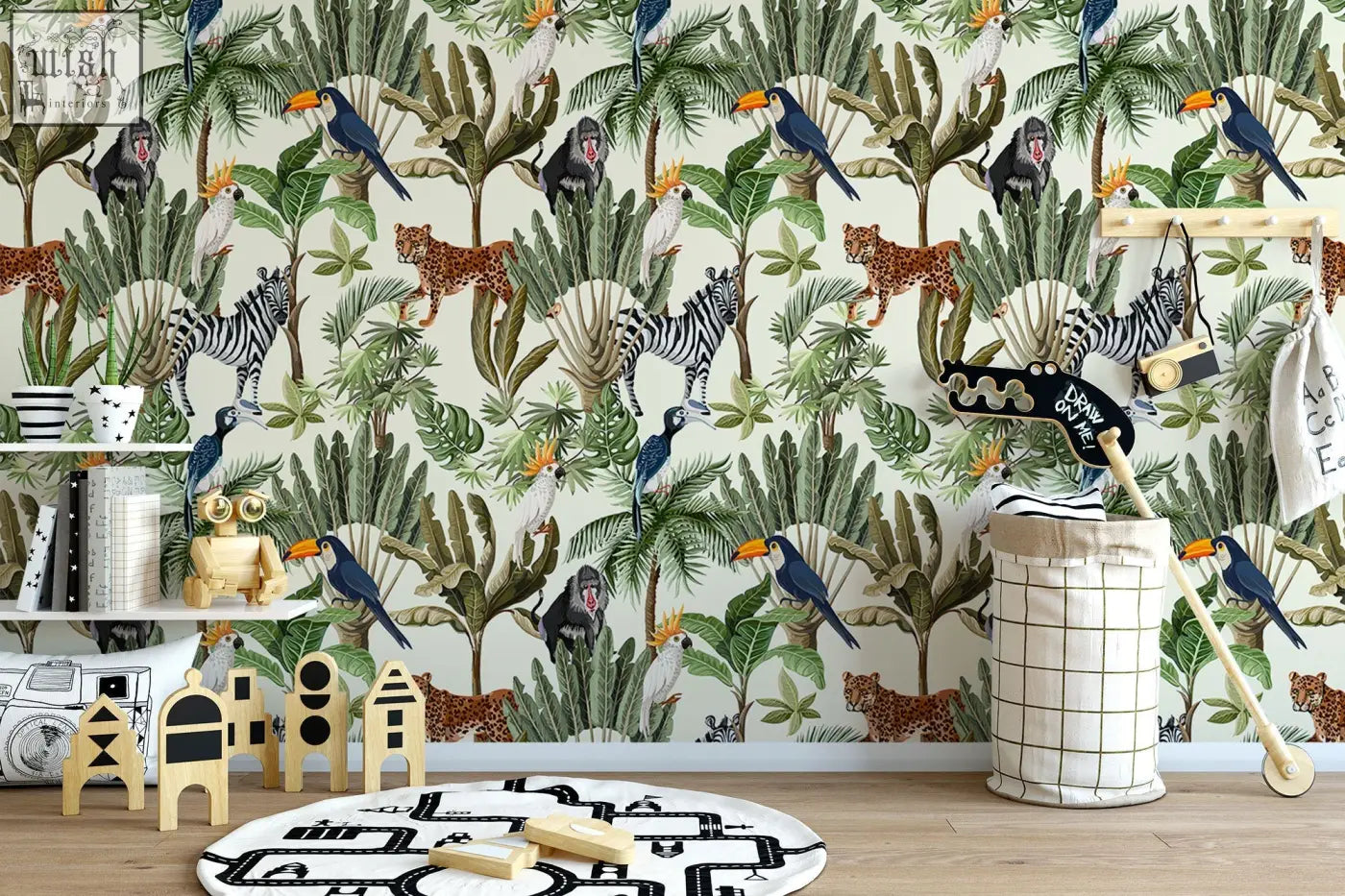 Playful jungle animals traditional paper wallpaper with toucans zebras and monkeys for nursery and kids room décor