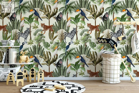 Playful jungle animals traditional paper wallpaper with toucans zebras and monkeys for nursery and kids room décor