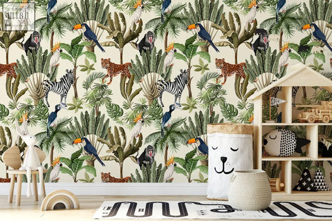 Playful jungle animals traditional paper wallpaper with vibrant green foliage toucans zebras and monkeys for kids room