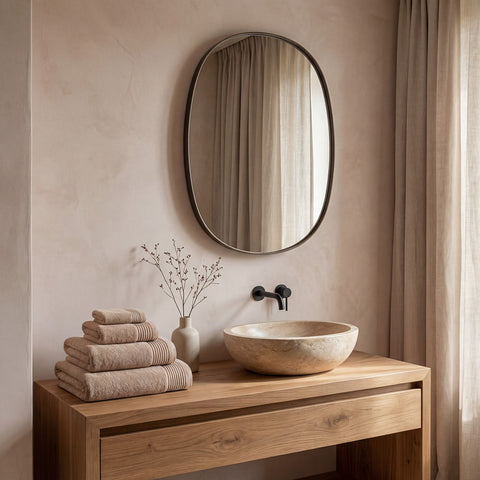 Beige stone vessel sink with smooth natural texture and subtle veining perfect for plush towels bathroom setup