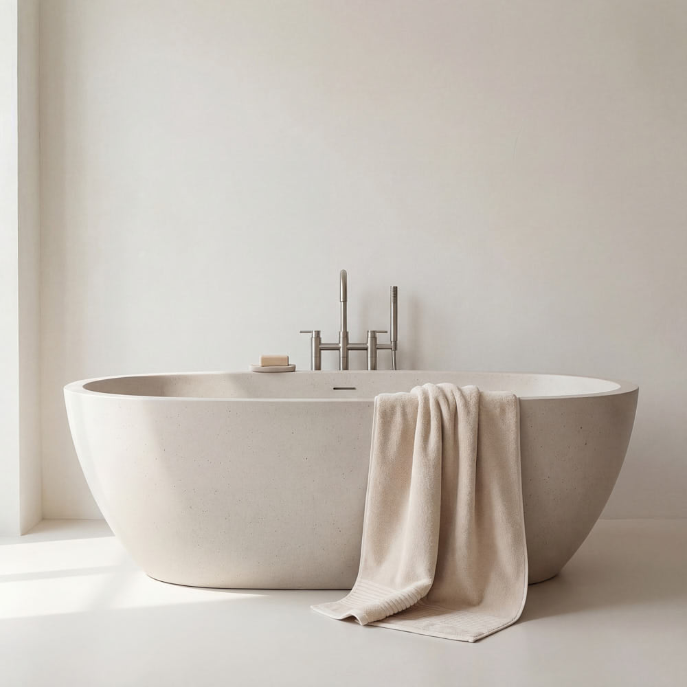 Cream-colored freestanding bathtub with a sleek matte finish complements the plush towels set for a cozy bath time