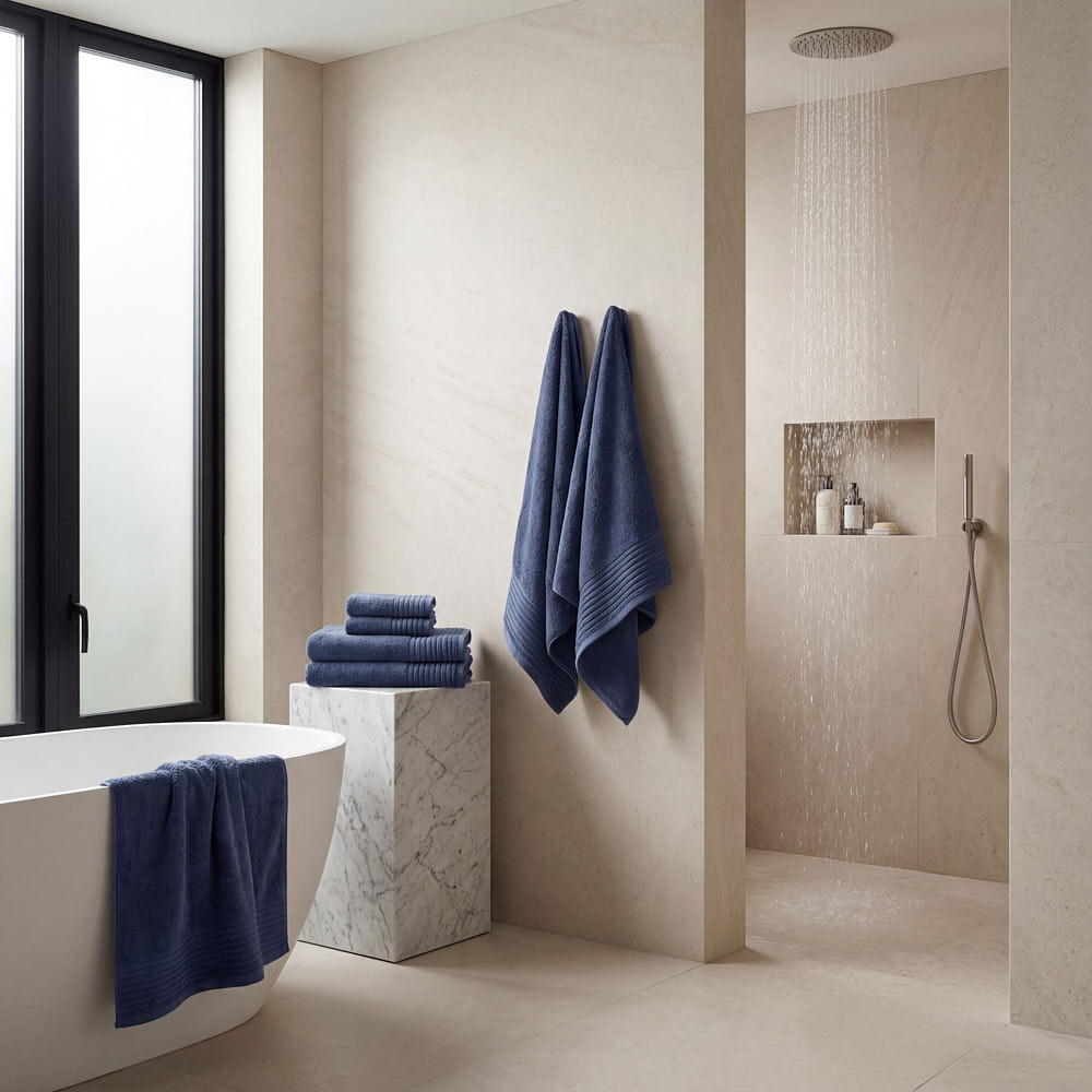 Deep blue plush towels set made of soft terry cloth neatly stacked and hanging in a modern bathroom