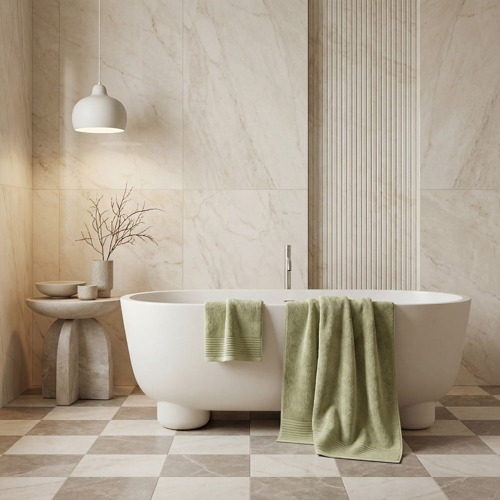 A soft sage green plush towels set with a textured ribbed edge hanging over a white freestanding bathtub
