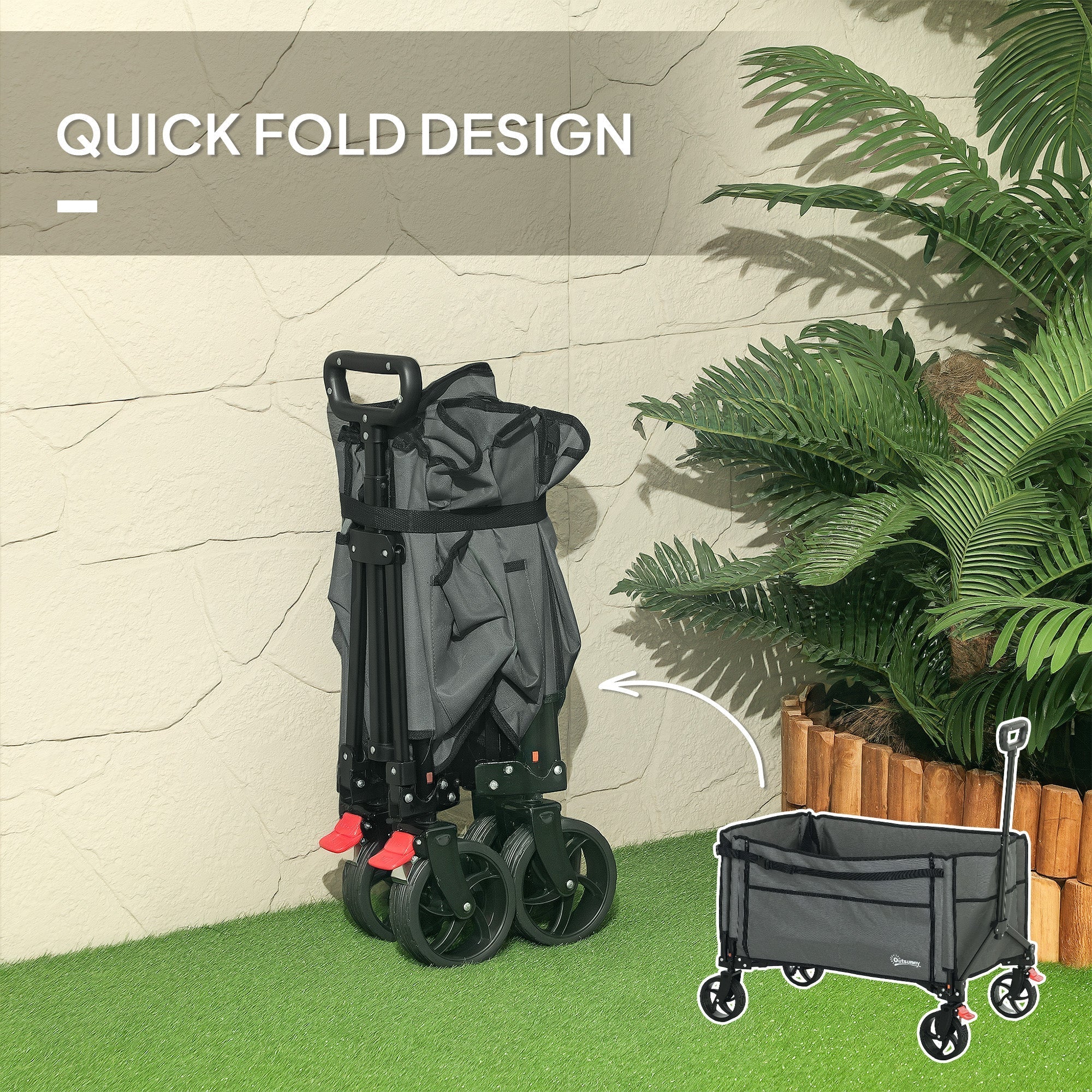 Outsunny Folding Trolley on Wheels, 150L Collapsible Wagon Festival Trolley Cart with Openable Sides, Adjustable Handle and Brakes for Shopping Camping Beach and Garden, Grey