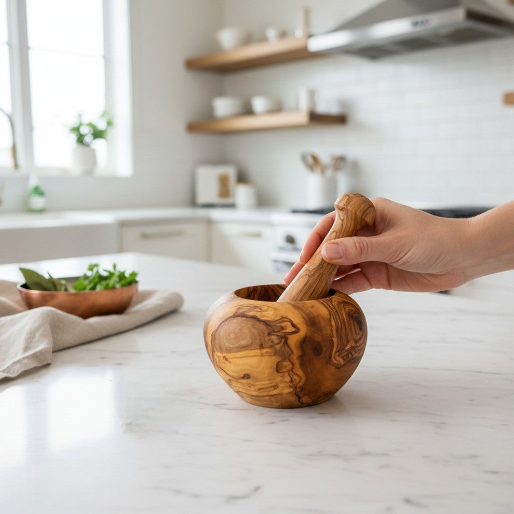 Handmade Olive Wood Round Mortar and Pestle Set | Hand-Turned Wooden Spice Herb Salt & Pepper Grinder | Unique Natural Grain | 8–16 cm