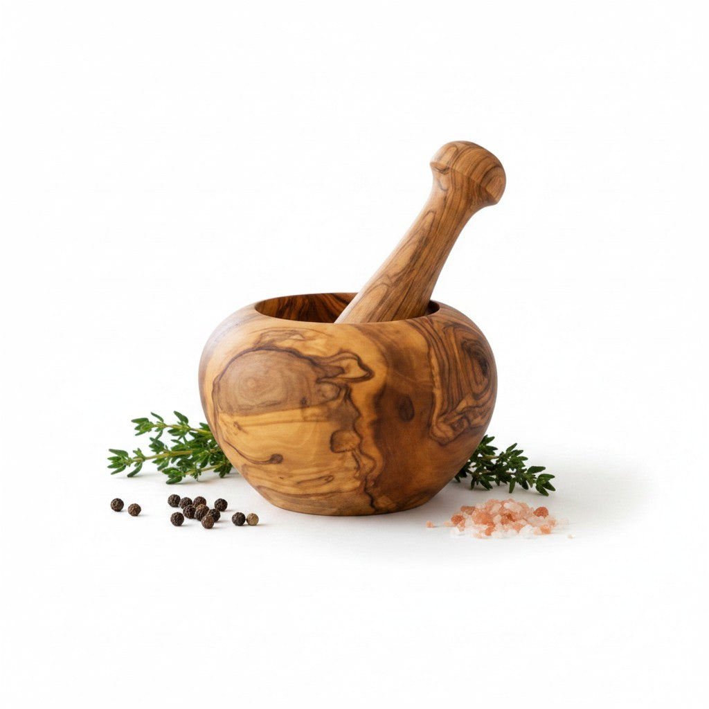 Handmade Olive Wood Round Mortar and Pestle Set | Hand-Turned Wooden Spice Herb Salt & Pepper Grinder | Unique Natural Grain | 8–16 cm