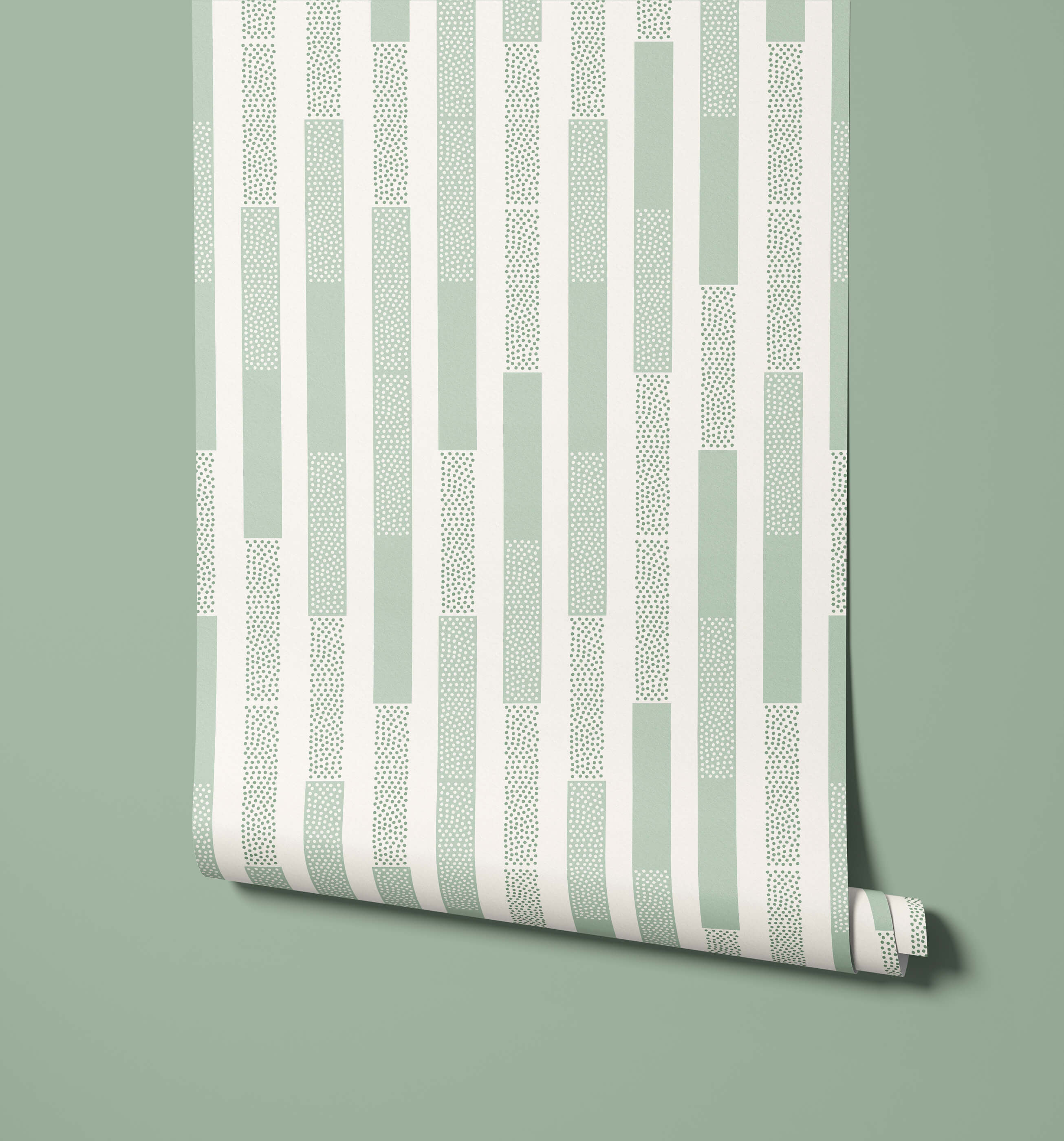 A roll of polka wallpaper with mint green and white stripes featuring dotted pattern accents