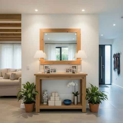 Light wood framed rectangular mirror with simple design paired with polo solid wood console table for stylish decor