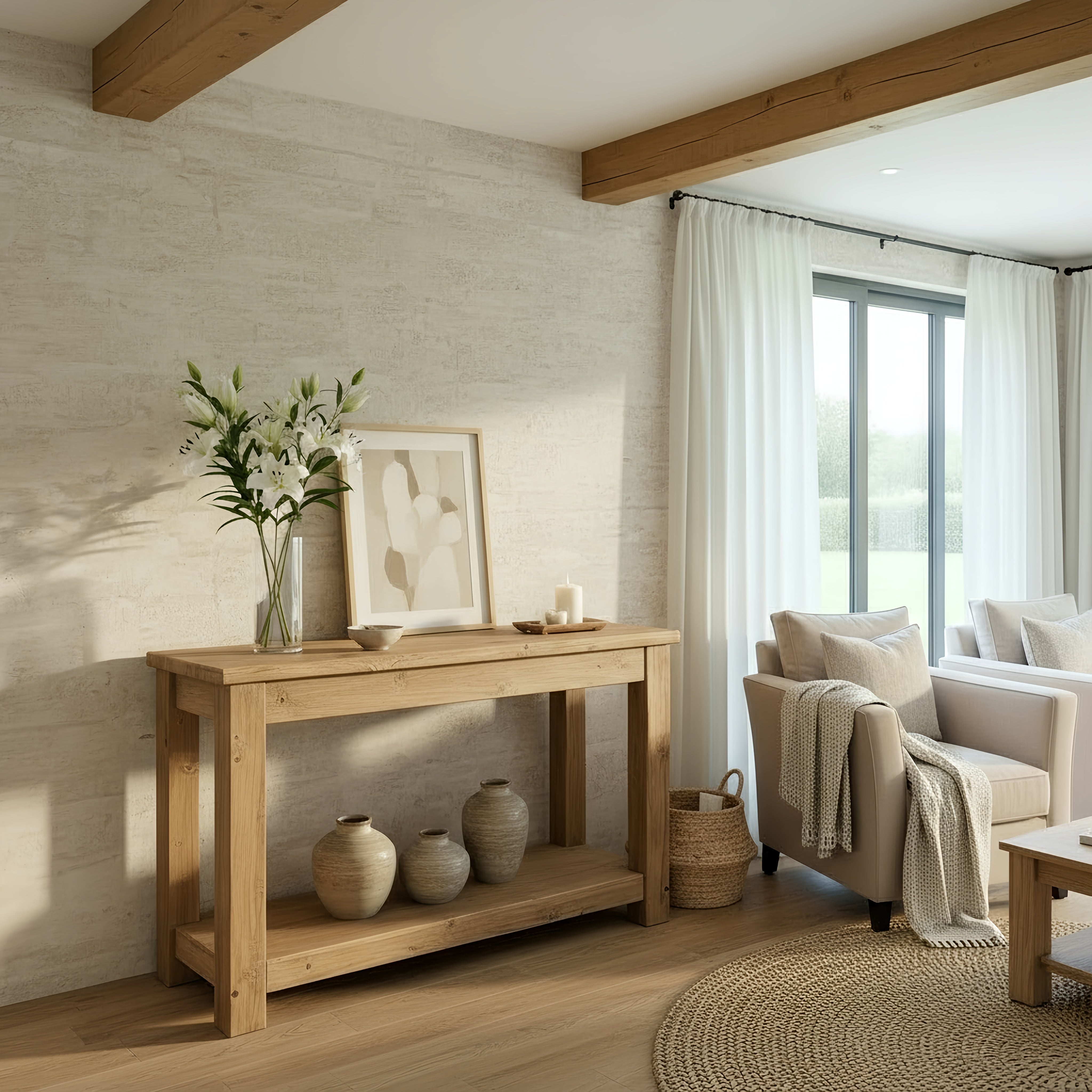 Light oak solid wood console table polo with lower shelf holding three earth toned ceramic vases