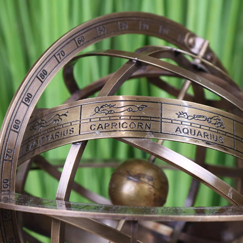 Bronze-colored brass armillary sphere ornament 30cm with engraved zodiac signs and degree markings for decor