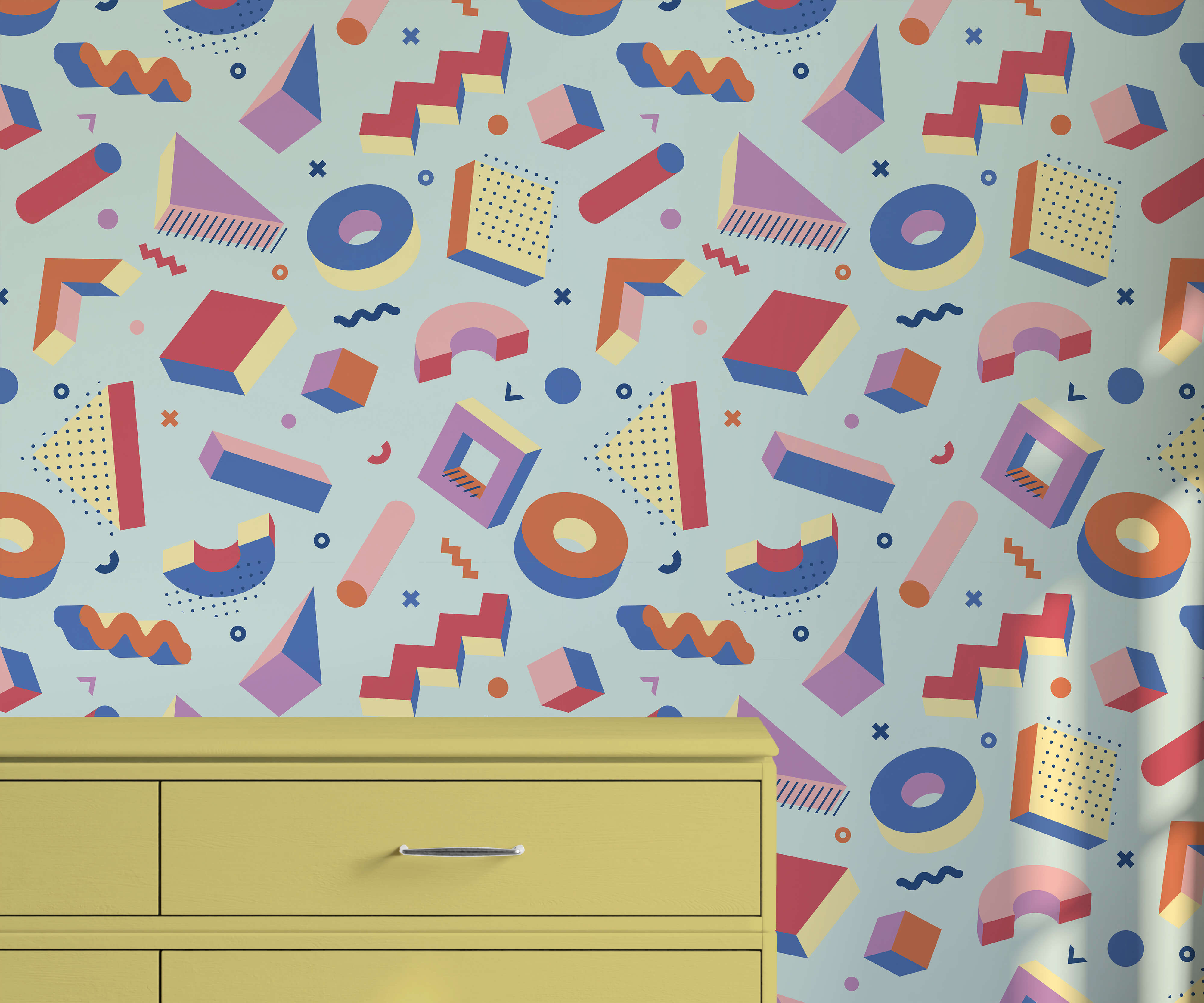 Vibrant geometric-patterned wallpaper pop in pastel blue with bold red purple and orange shapes for stylish walls