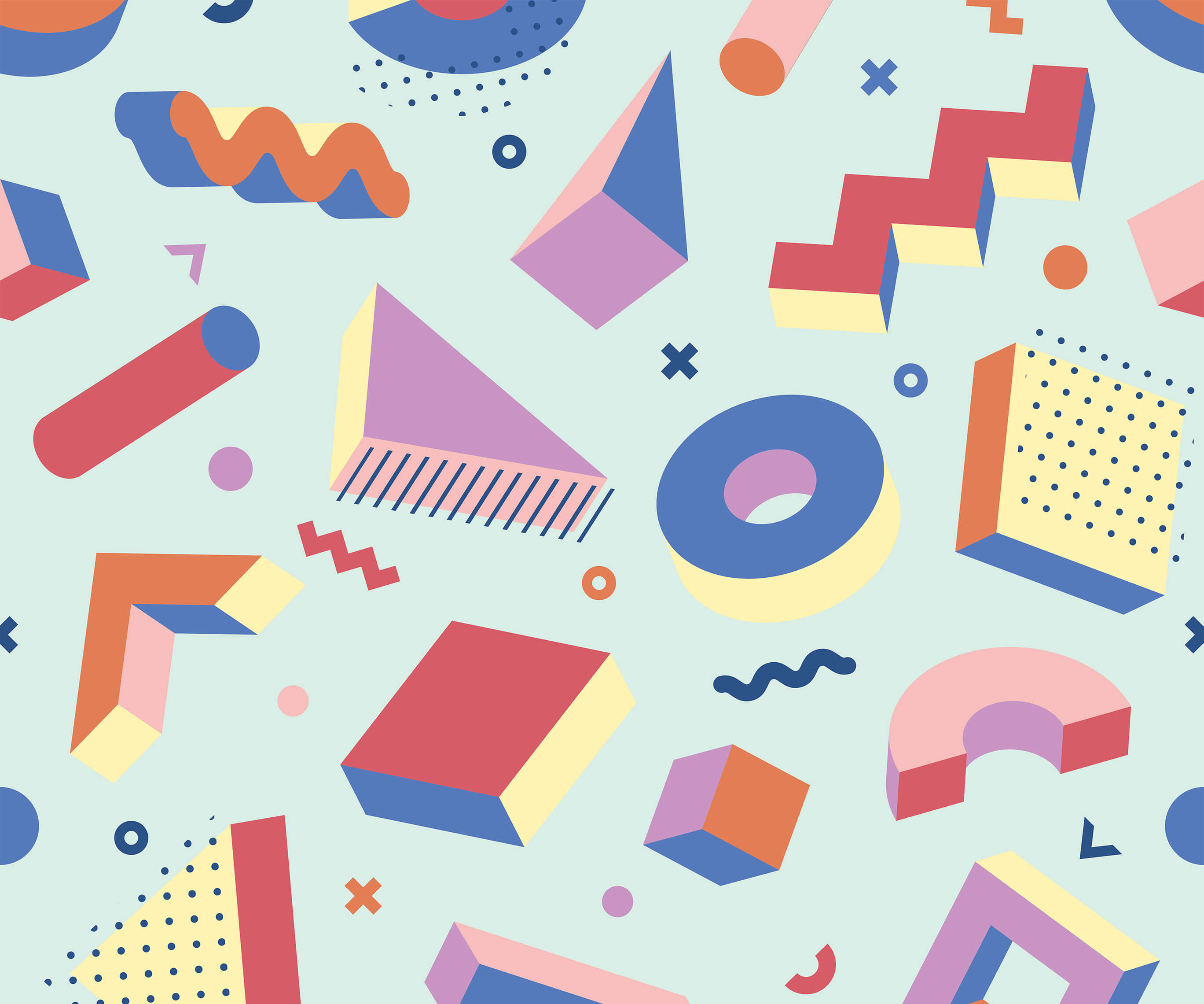 Pastel-colored geometric pattern featuring bold triangles and circles in soft pinks purples blues and oranges on pop product