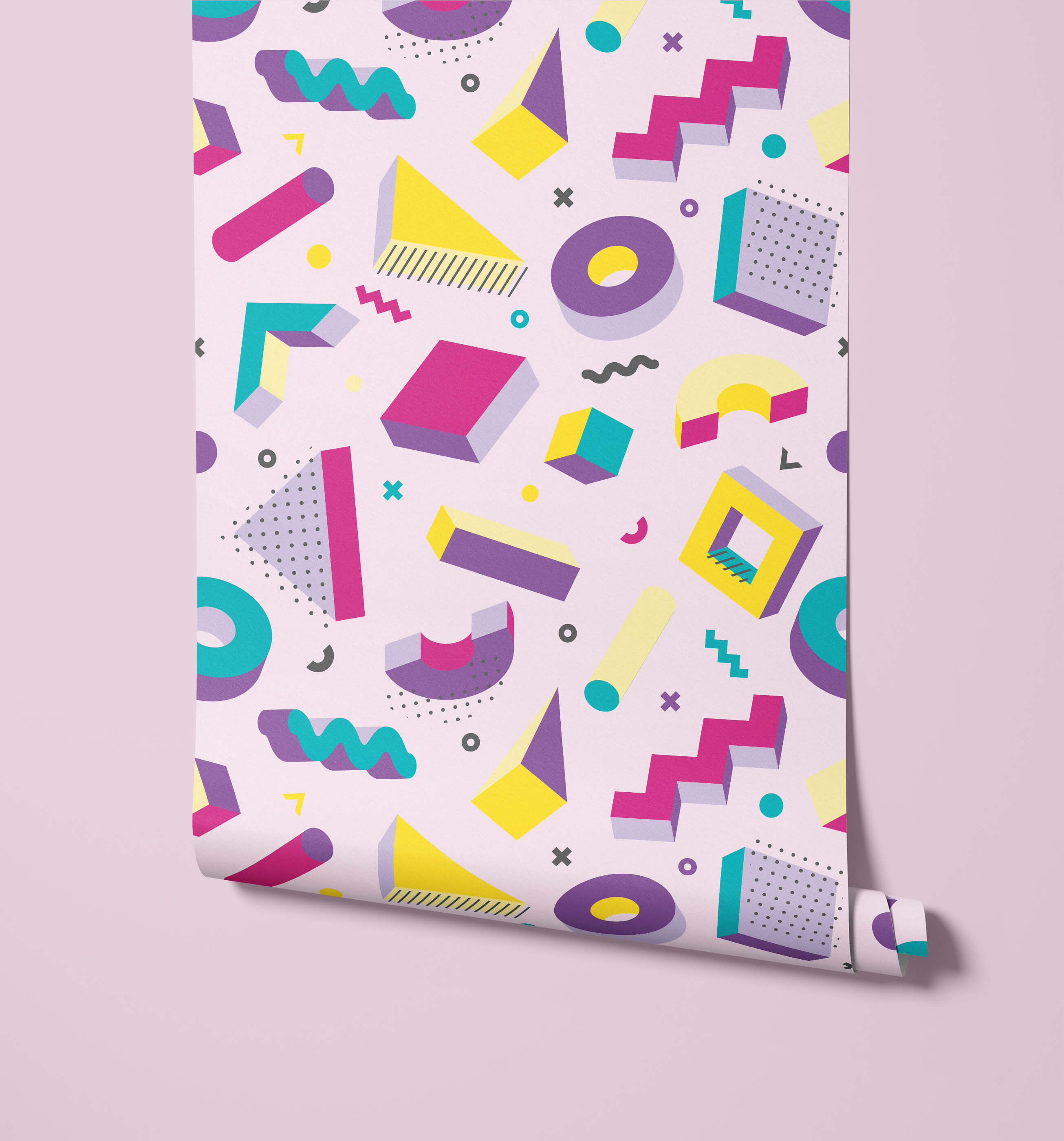 Vibrant pop product with bold 3d geometric shapes in magenta yellow teal and purple on a soft pink background