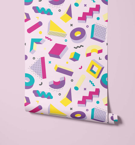 Vibrant pop product with bold 3d geometric shapes in magenta yellow teal and purple on a soft pink background