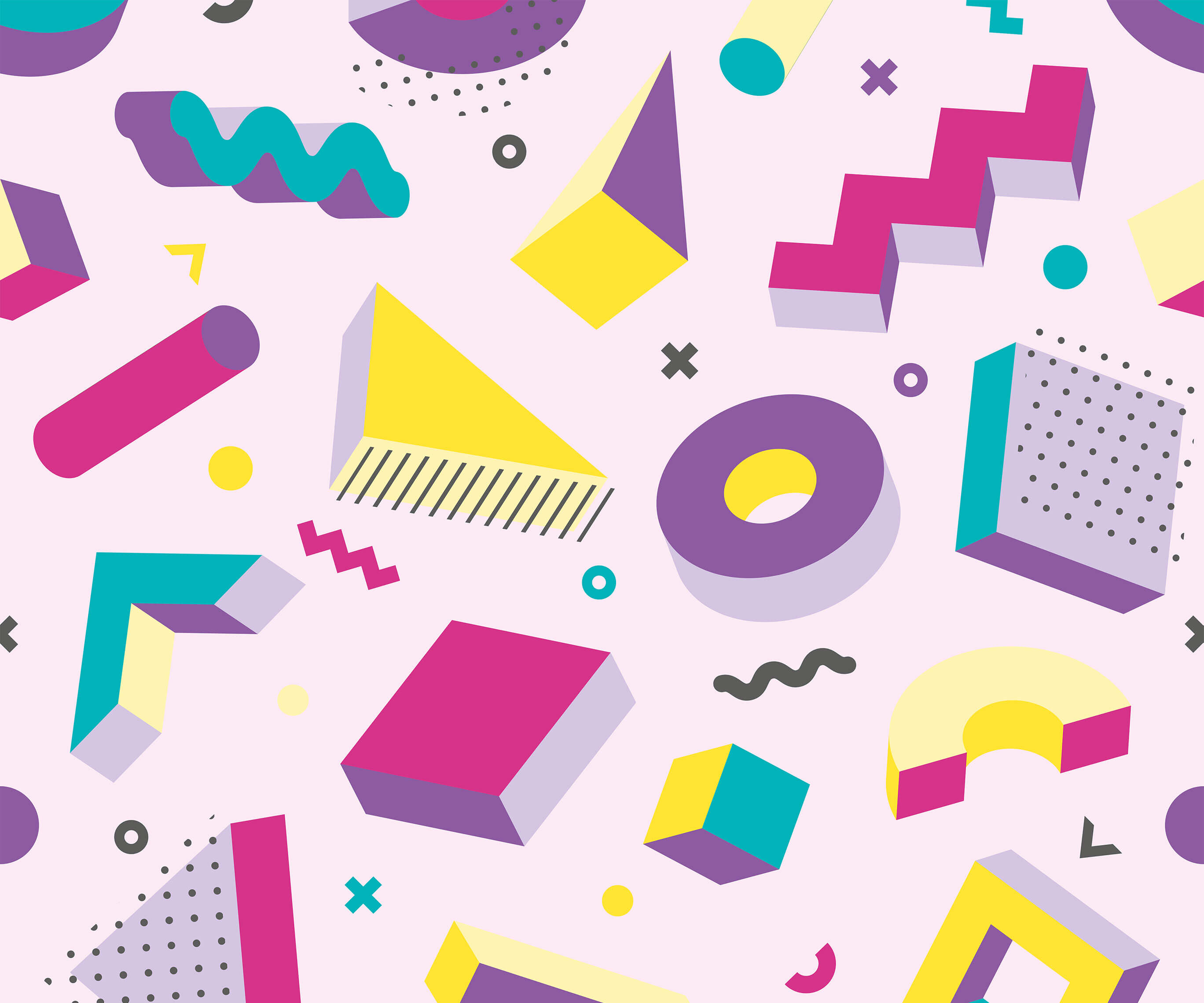 Pop product with vibrant geometric pattern featuring bold 3d shapes in magenta yellow teal and purple on soft pink background