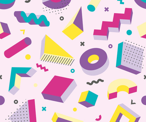 Pop product with vibrant geometric pattern featuring bold 3d shapes in magenta yellow teal and purple on soft pink background
