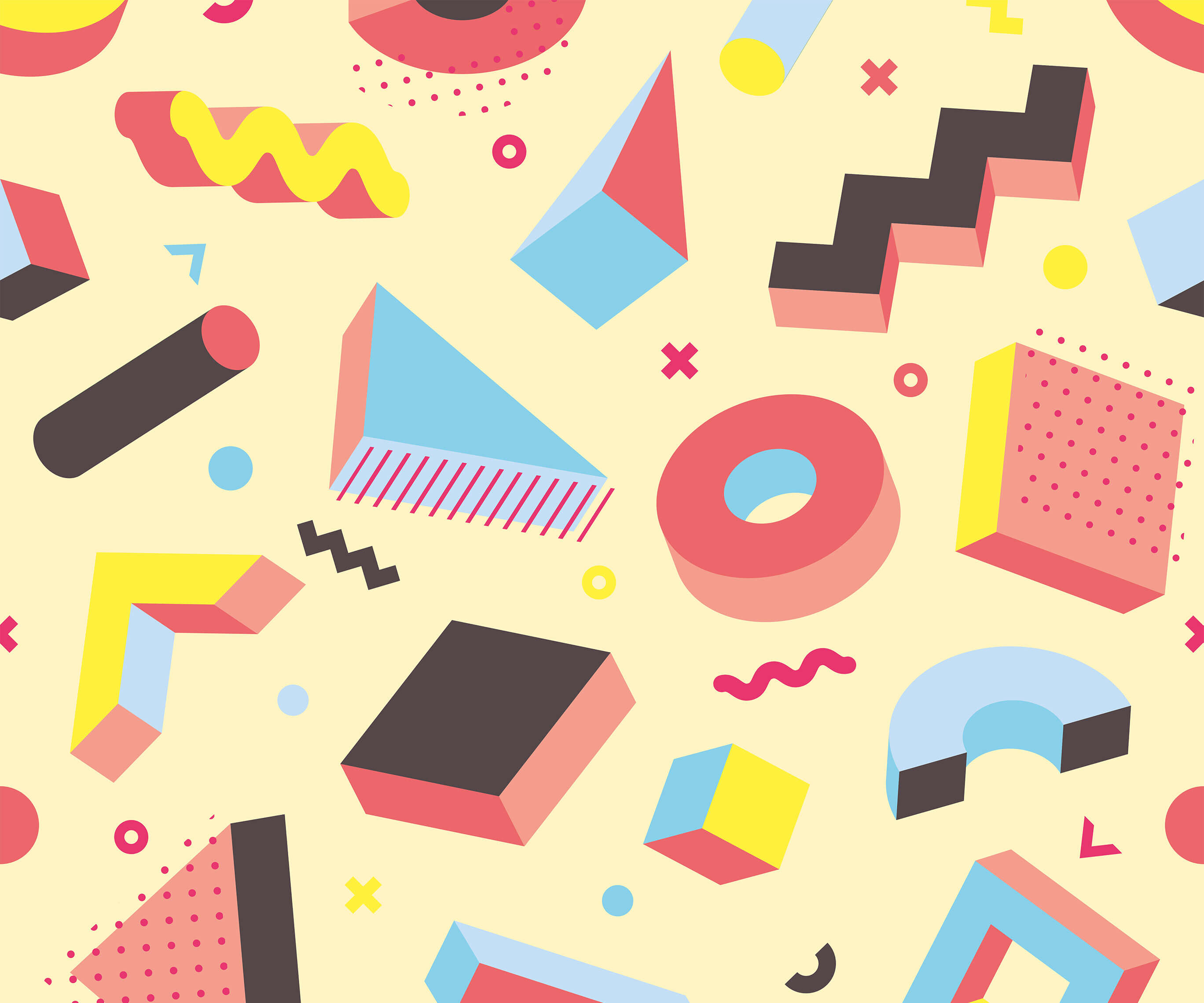 Pop product with vibrant geometric pattern in bold red blue yellow and black on pale cream background