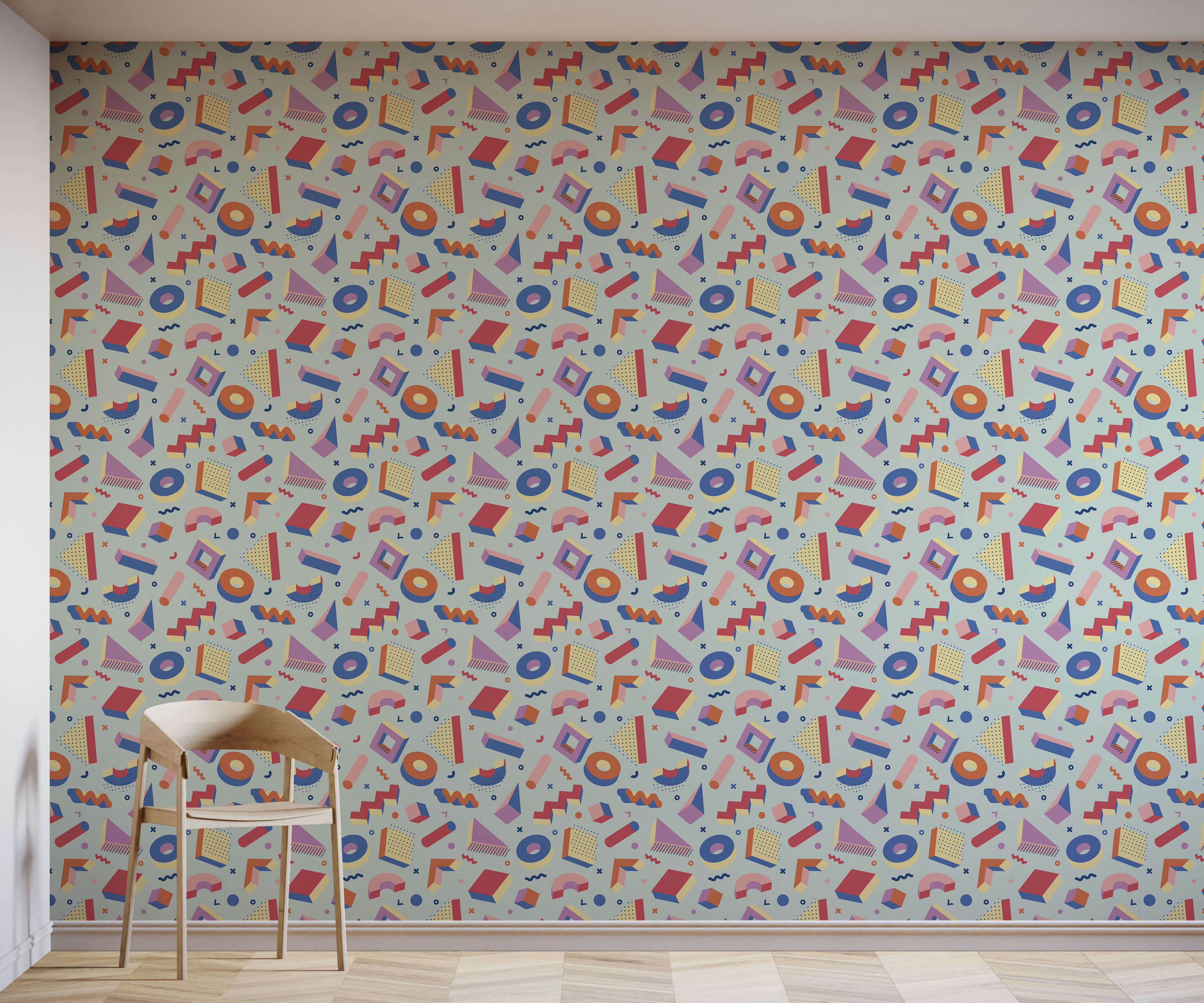 Pop wallpaper with vibrant retro geometric shapes in bold red blue pink and orange on a light gray background