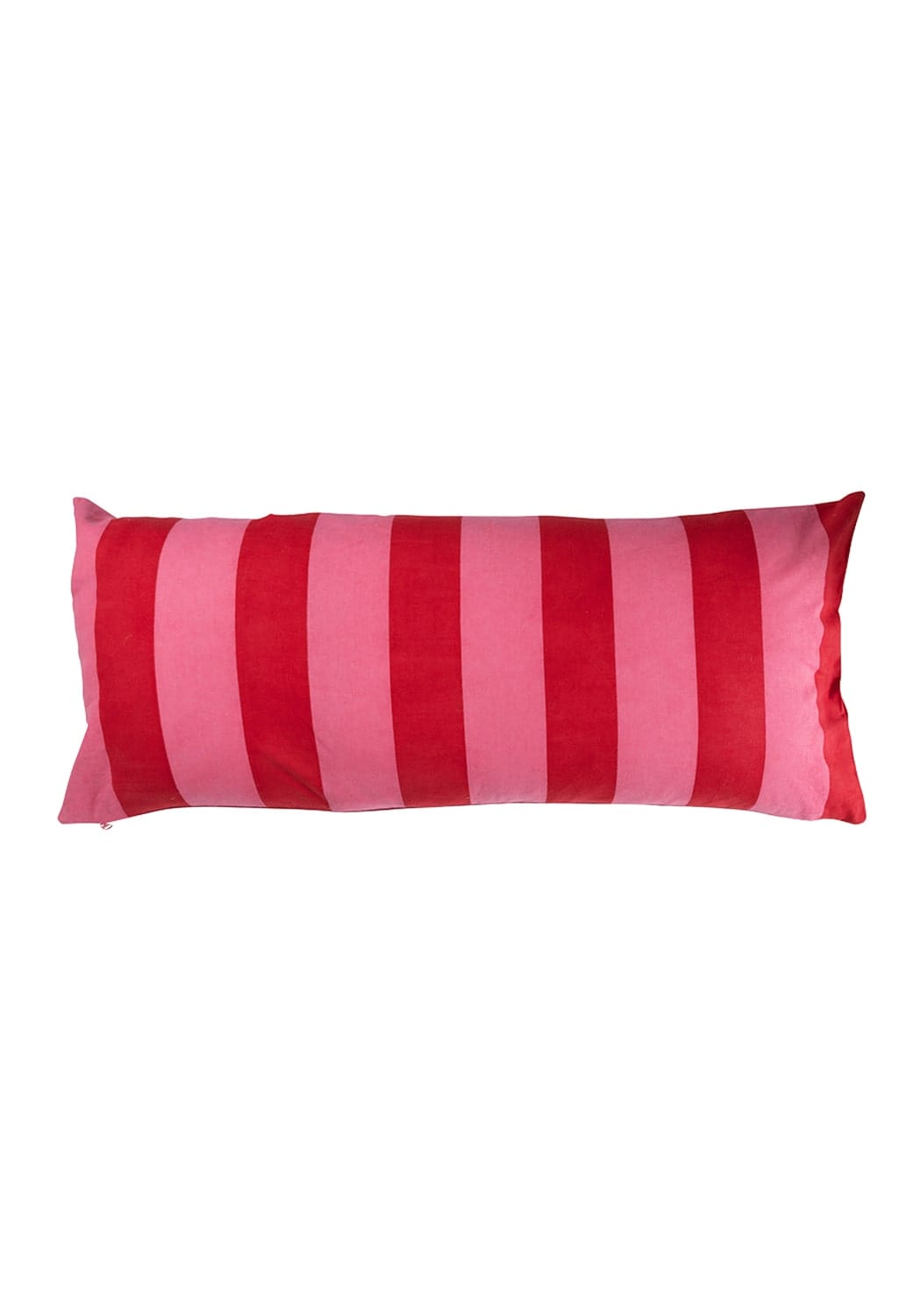 Poppy raspberry cabana stripe long lumbar cushion cover with vibrant red and soft pink vertical fabric stripes