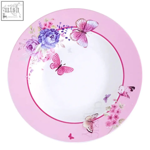 Pink porcelain fine china pasta soup bowl with butterflies floral pattern wide rimmed set of 4 gift box