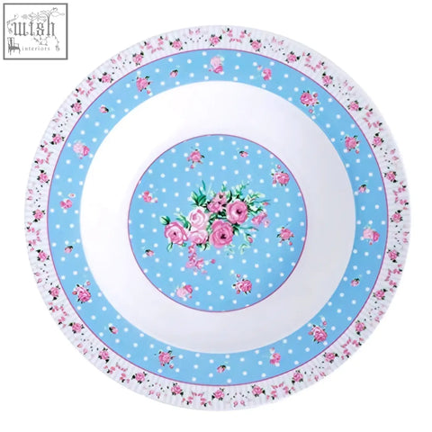 Delicate porcelain pasta soup bowls set of 4 with light blue rose design and floral border in a gift box