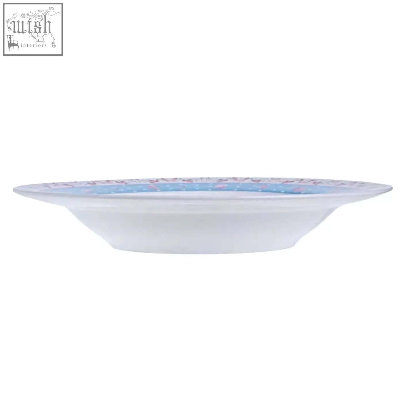 A delicate white porcelain pasta soup bowl with rose blue floral rim in a gift box set of 4, 9 inch 23cm