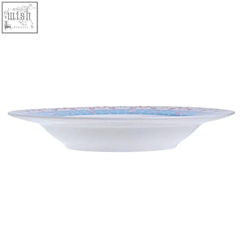 A delicate white porcelain pasta soup bowl with rose blue floral rim in a gift box set of 4, 9 inch 23cm