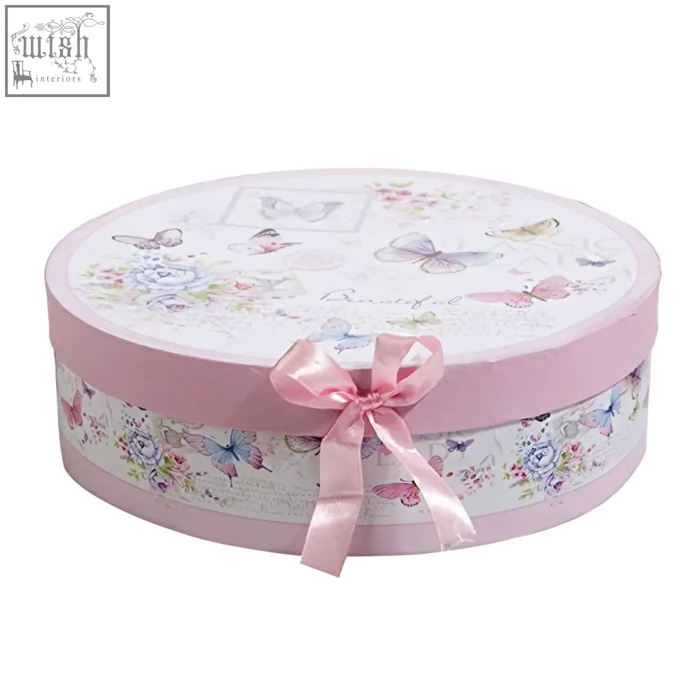 A round pastel pink gift box with butterfly floral pattern and satin bow for porcelain pasta soup bowls set