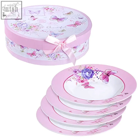 Pink butterfly-themed porcelain fine china pasta soup bowls set of 4 in a matching gift box with satin ribbon