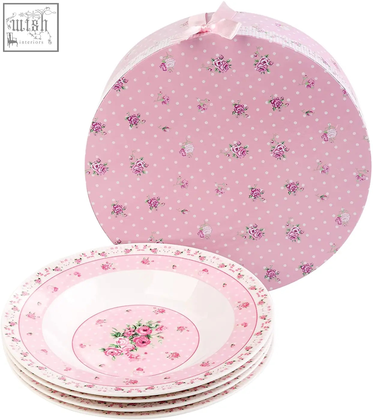 Pink floral-patterned porcelain wide rimmed pasta soup bowls set of 4 in matching pink polka-dot gift box