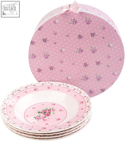 Pink floral-patterned porcelain wide rimmed pasta soup bowls set of 4 in matching pink polka-dot gift box