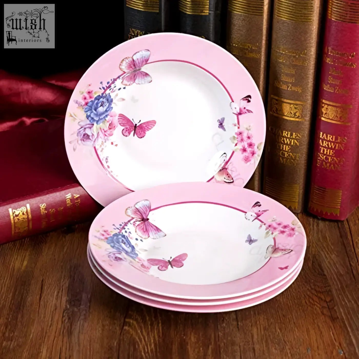 Pink porcelain fine china pasta soup bowls with butterflies and floral design set of 4 in a gift box