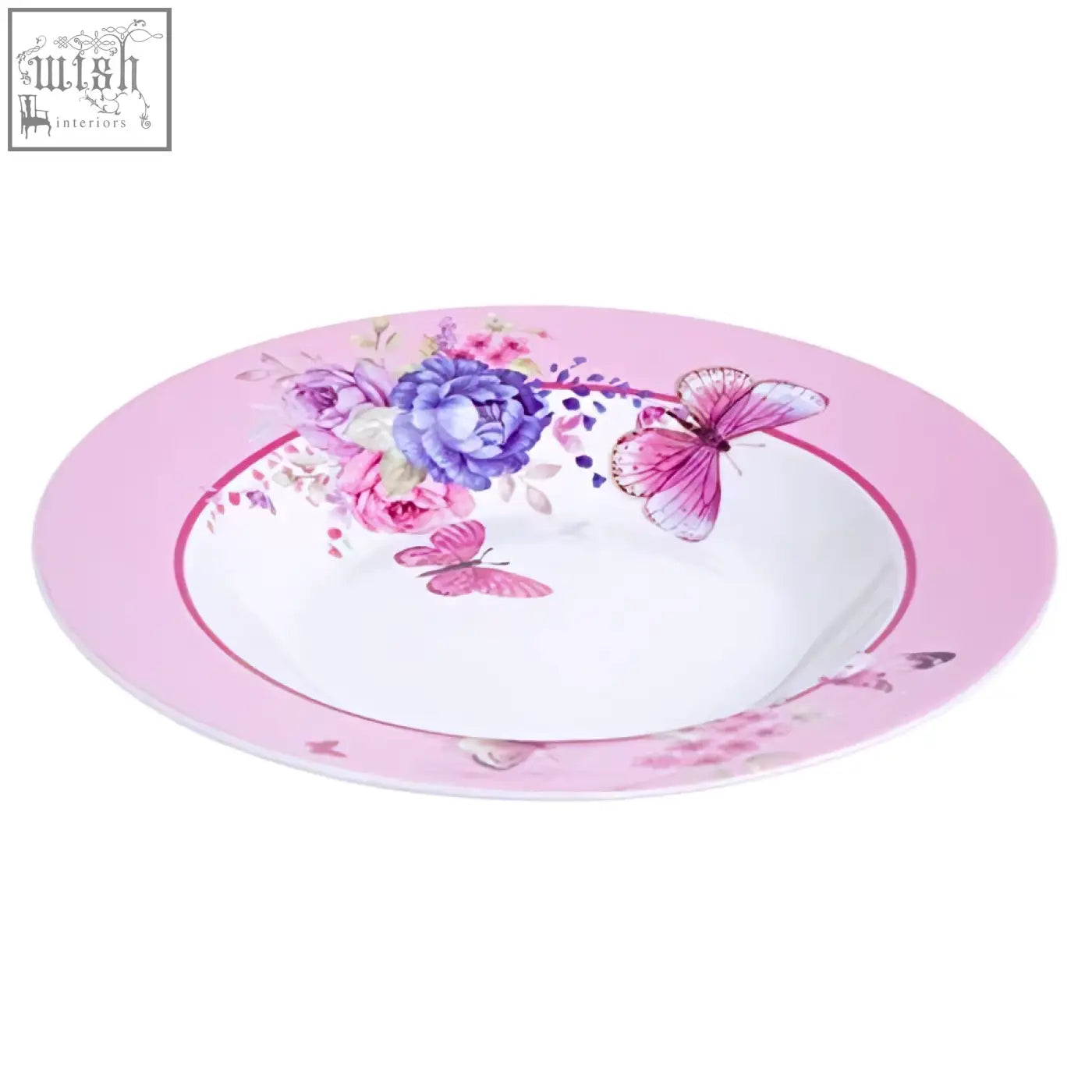 Pink and white porcelain fine china pasta soup bowls with purple roses and butterflies come in gift box set of 4