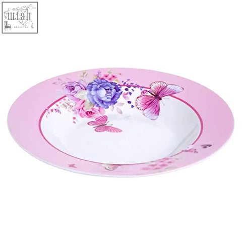 Pink and white porcelain fine china pasta soup bowls with purple roses and butterflies come in gift box set of 4