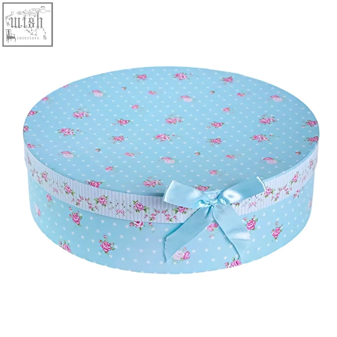Light blue round gift box with pink floral and white polka dot pattern for porcelain pasta soup bowls set