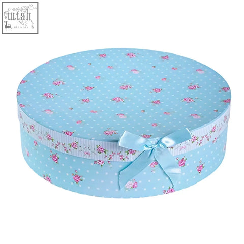Light blue round gift box with pink floral and white polka dot pattern for porcelain pasta soup bowls set