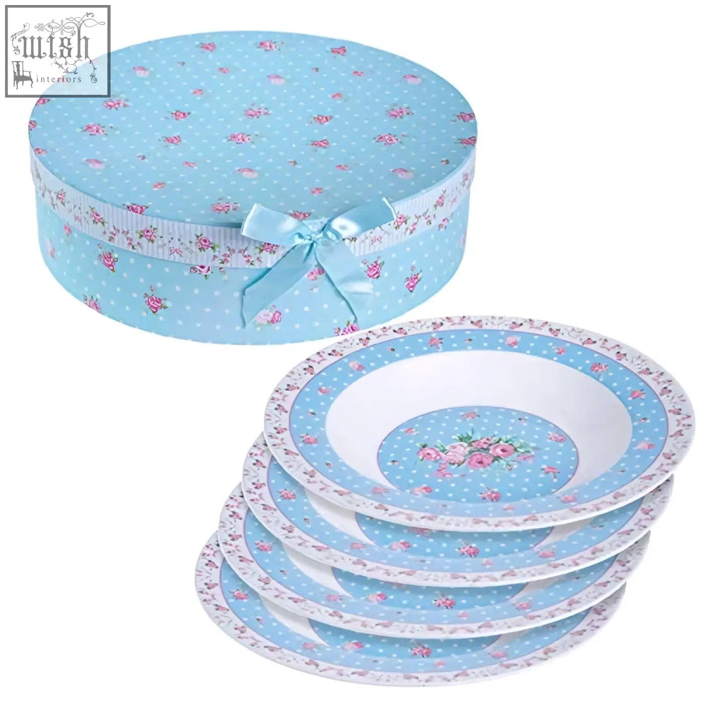 Light blue floral porcelain fine china pasta soup bowls set with wide rims and matching gift box 9 inch 23cm