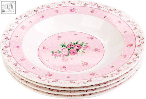 Stack of four wide rimmed pink floral porcelain fine china pasta soup bowls with rose pattern in gift box