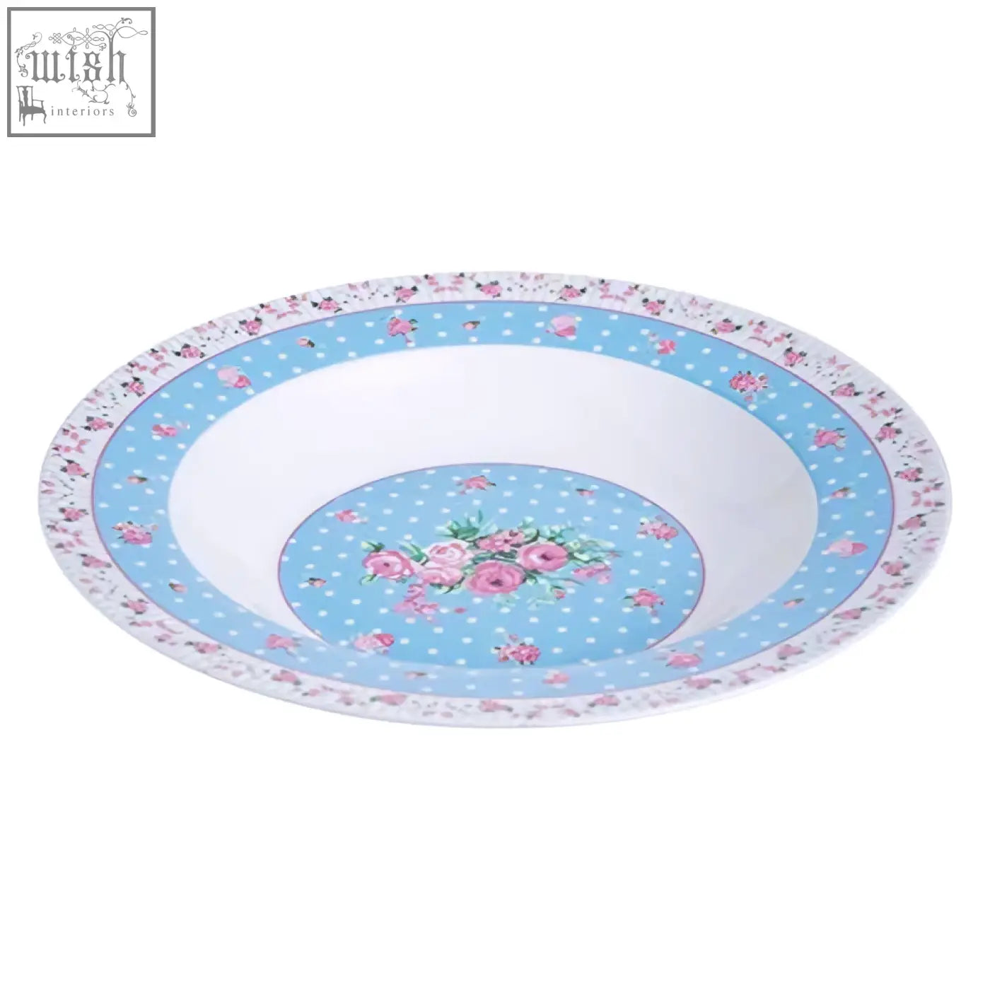 Delicate blue and white porcelain pasta soup bowls set of 4 with pink rose floral motif in gift box