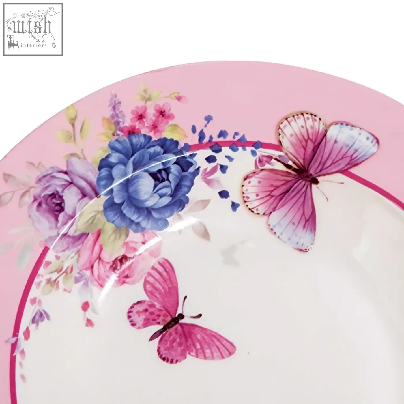 Pink and blue floral porcelain fine china pasta soup bowls with delicate butterfly design in gift box set of 4