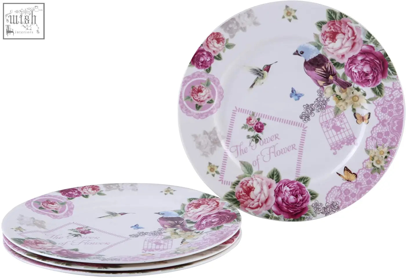 A set of four white porcelain pasta soup bowls with pink rose bird butterfly design in a gift box 9 inch wide rim