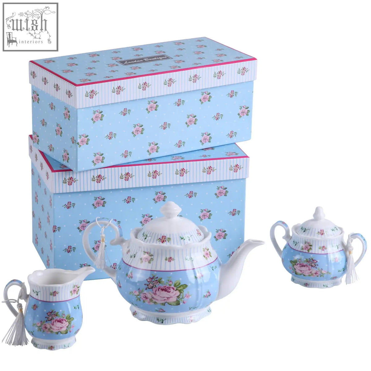 Light blue porcelain teapot sugar bowl and cream jug with pink rose design in matching shabby chic gift box
